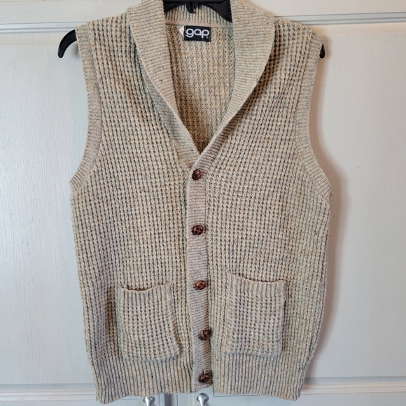 Vintage 70s Oatmeal Waffle Knit Unisex Button Front Vest Cardigan - Picture 1 of 8